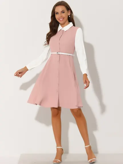 Allegra K- Button Front Dress Long Sleeve Contrast Collar Shirtdress