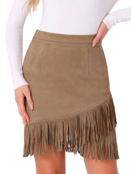 Allegra K - Faux Suede Fringe Trim Mini Skirt