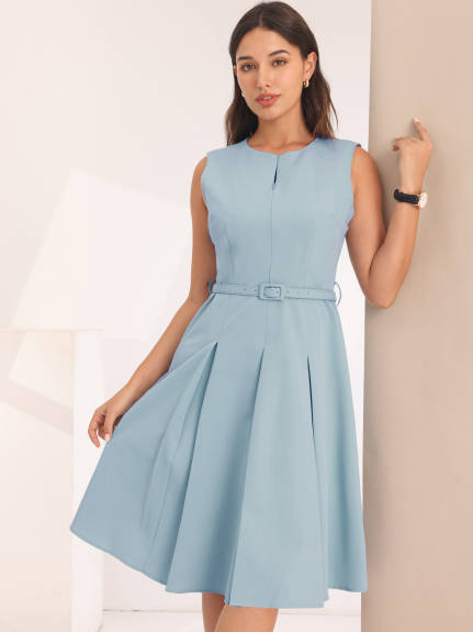 Hobemty- Sleeveless Zip Up Belted Fit and Flare Dress