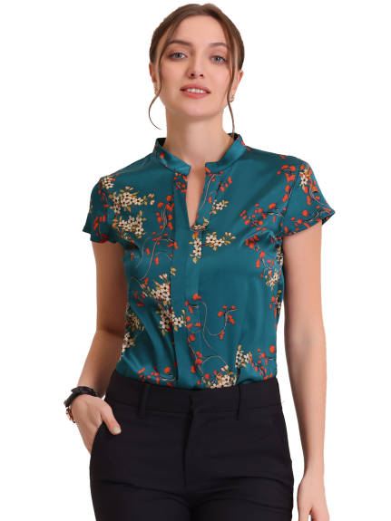 Allegra K- Satin Floral Cap Sleeve Blouse