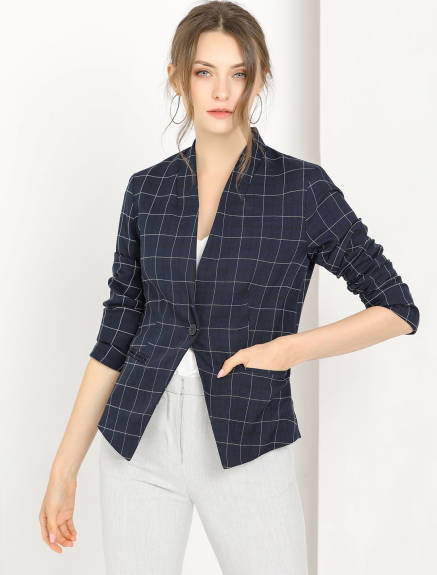 Allegra K- Single Button Stand Collar Plaid Blazer