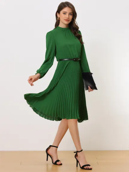 Allegra K- Elegant Long Sleeve Pleated Midi Shirt Dress