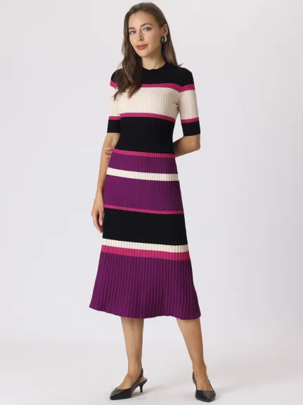 Hobemty- Short Sleeve Striped Knit A-Line Midi Dress