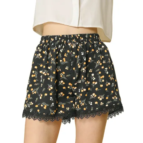 Allegra K - Elastic Waist Lace Trim Summer Floral Shorts