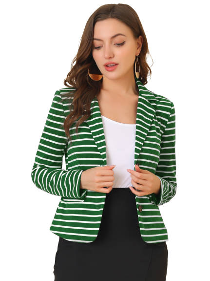 Allegra K- Notched Lapel Pocket Button Closure Striped Blazer