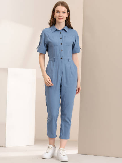 Allegra K- Turndown Collar Button up Tie Waist Cargo Jumpsuit