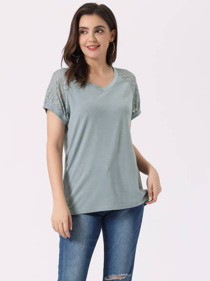 Allegra K - Contrast Lace Short Sleeve Basic T-Shirt