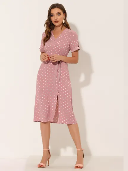 Allegra K- V Neck Polka Dots Button Decor Split Belted Dress