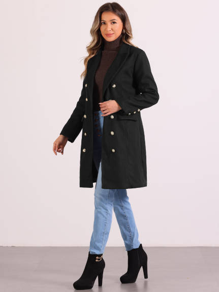 Allegra K - Notched Lapel Double Breasted Mid Long Pea Coat