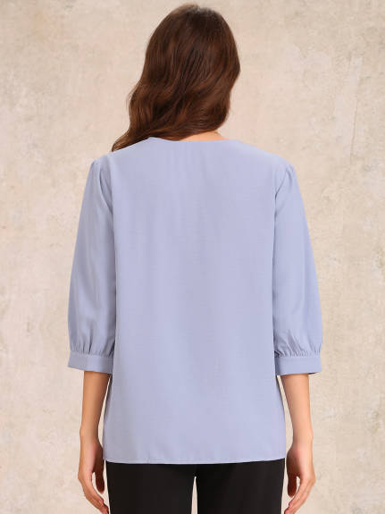 Allegra K - 3/4 Sleeve Ruched V Neck Blouse