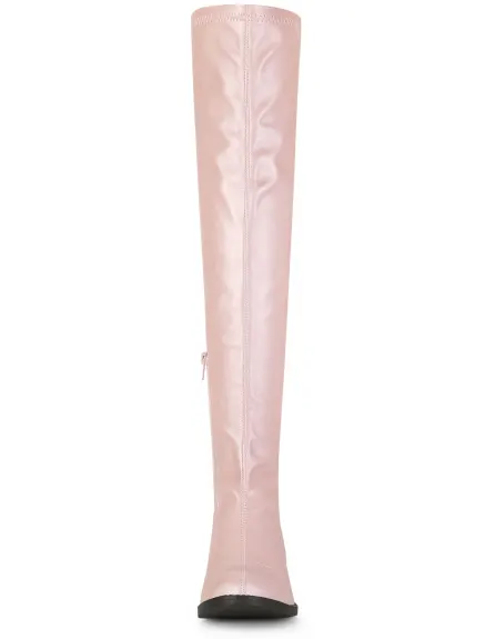 Allegra K- Low Block Heel Solid Thigh High Boots