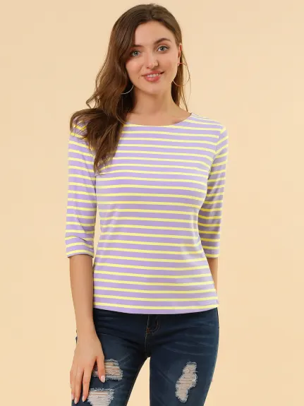 Allegra K- Boat Neck Elbow Sleeve Slim Fit Stripe T-Shirt