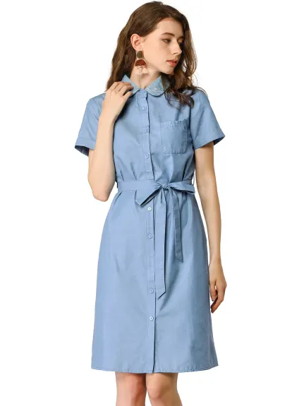 Allegra K- Button Down Belted Denim Shirt Dress