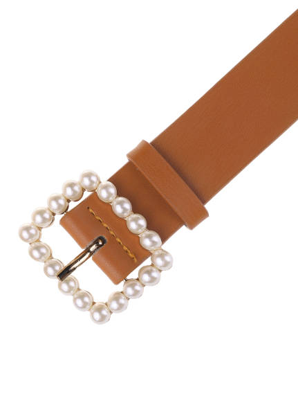 Allegra K- Faux Leather Pearl Buckle Waistbelt