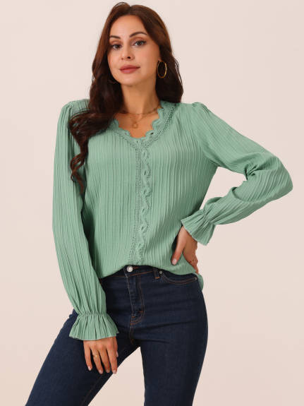 Allegra K - Lace V Neck Lantern Sleeve Casual Top