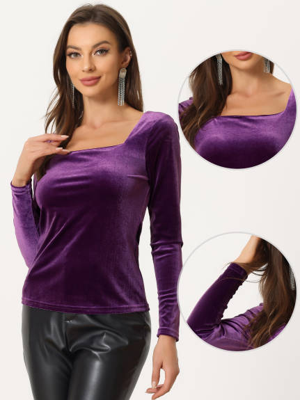 Allegra K- Square Neck Long Sleeve Velvet Blouse