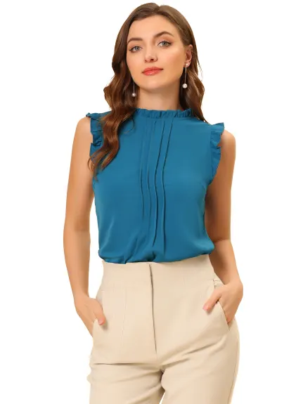 Allegra K- Ruffled Mandarin Collar Sleeveless Pleated Blouse