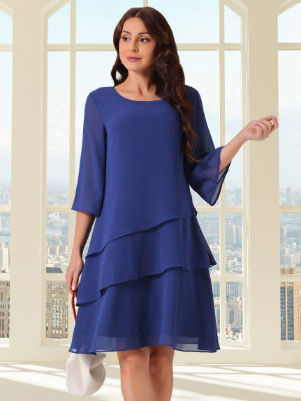 Allegra K - Chiffon Crewneck Tiered Layered Dress