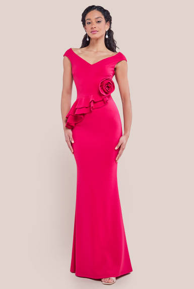 Goddiva - Scuba Crepe Rose Frill Maxi Dress