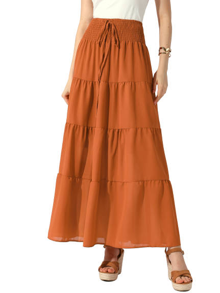 Allegra K - Smocked Waist Tiered A-Line Maxi Skirt