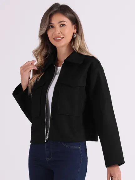 Allegra K - Lapel Collar Zipper Cropped Coat