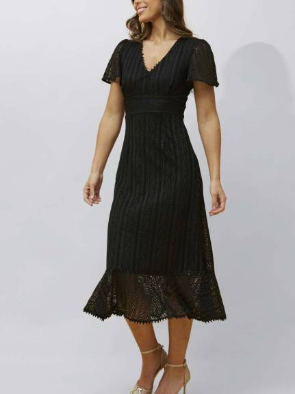 Annick - Bonnie Midi Dress Knit Lace Crochet V Neck Solid