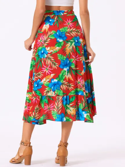 Allegra K- Self Tie Split Ruffle Wrap Midi Skirt