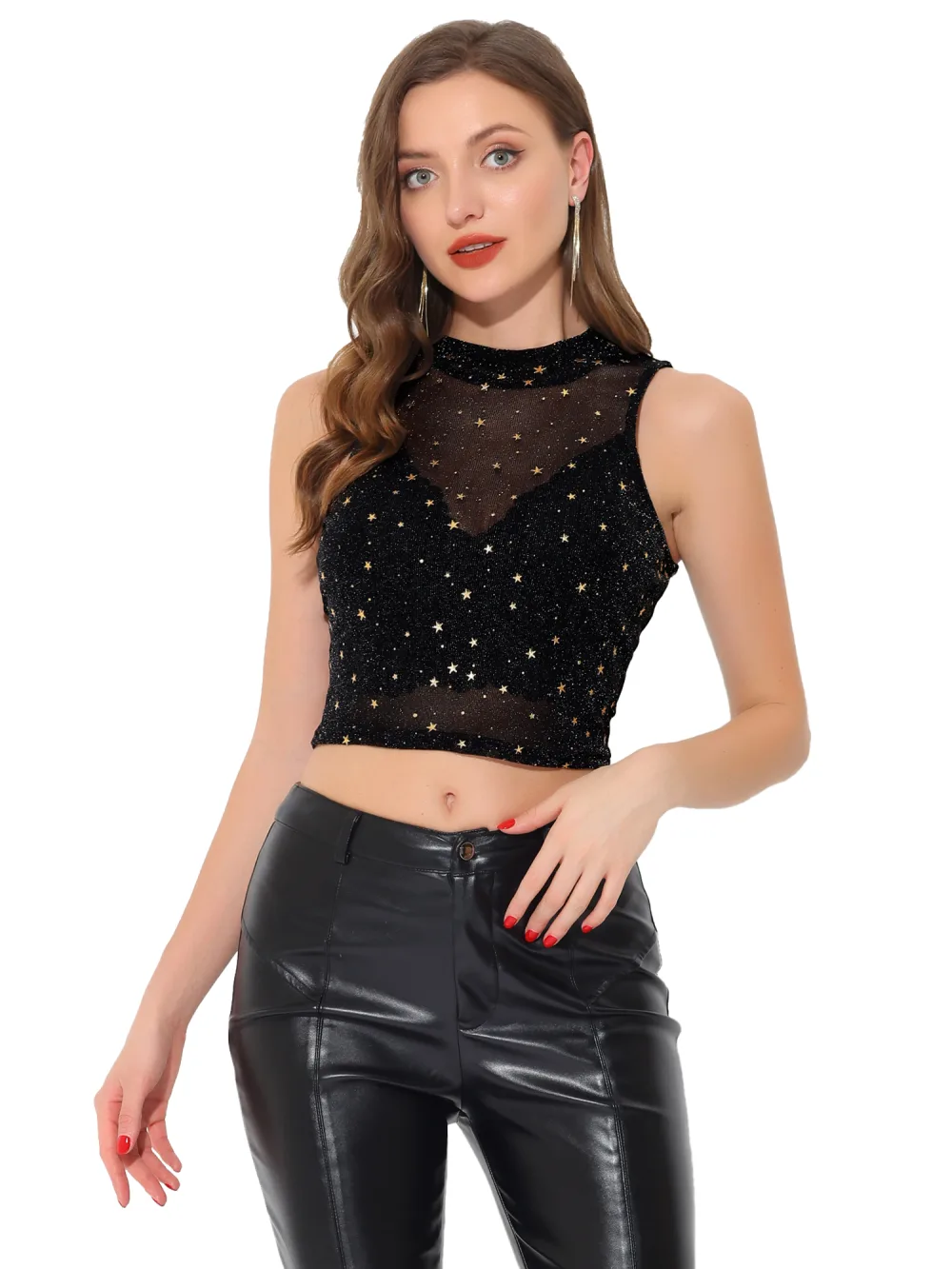 Allegra K- Star Mesh See Through Tank Top