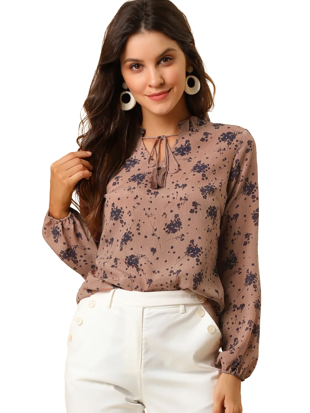 Allegra K- Peasant Boho Tassel Self Floral Shirt