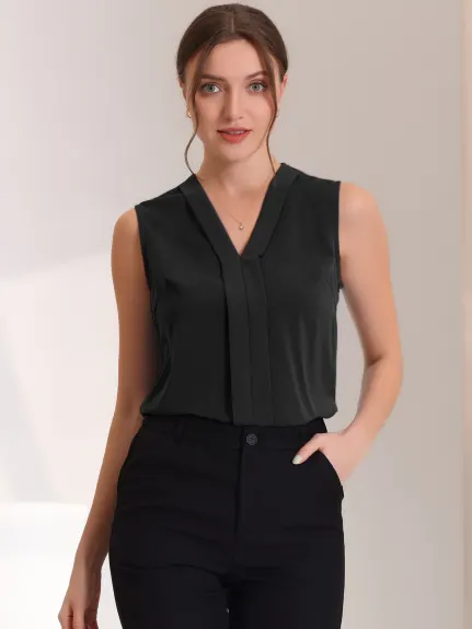 Allegra K - Pleated Front V Neck Sleeveless Work Blouse