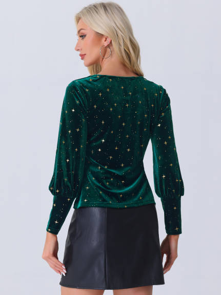 Allegra K - Long Sleeve Stars Pattern Velvet Blouse