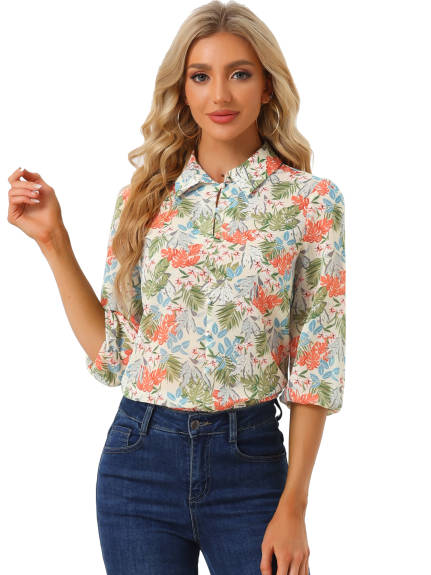 Allegra K- Collared 3/4 Sleeves Leaves Print Top