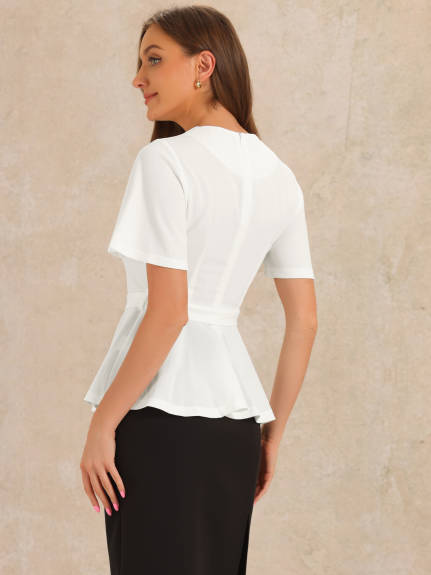 Allegra K - Bell Sleeve Belted Waist Peplum Top