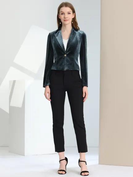 Allegra K- 1 Button Velvet Blazer Lapel Crop Suit Jacket