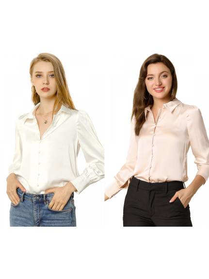 Allegra K- Satin Puff Sleeve Shirts Pack, White Combo 1