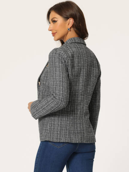 Allegra K- Notched Lapel Open Front Plaid Tweed Blazer