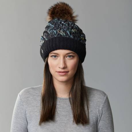 Harricana -  Puffer Beanie W Knitted Cuff And Upcycled Fur Pom