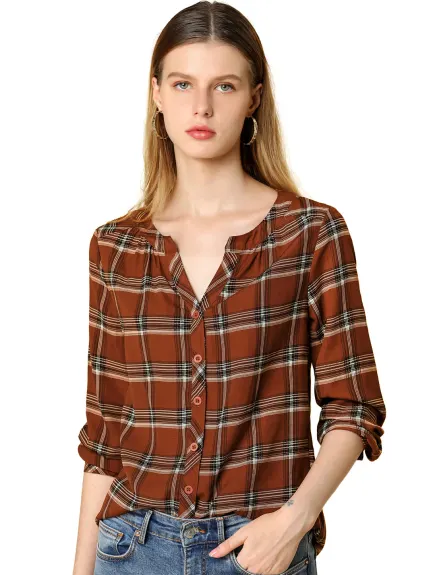 Allegra K- Plaid V Neck Long Sleeve Blouse Shirt