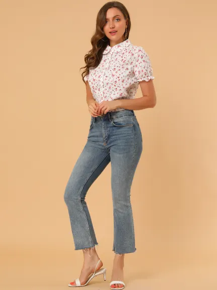 Allegra K - Frilled Short Sleeve Floral Cotton Shirt