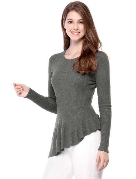 Allegra K- Ribbed Irregular Curved Hem Peplum Knit Top