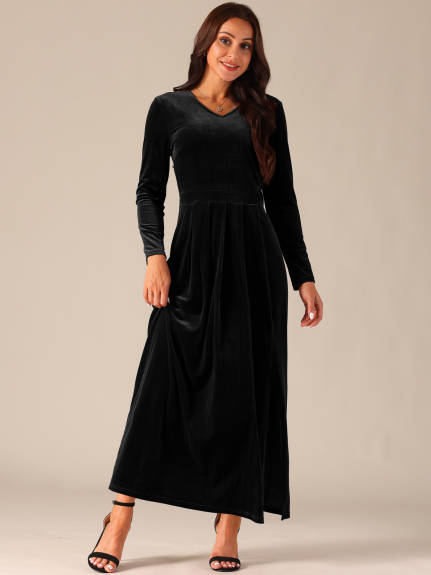 Allegra K - Elegant V-Neck Split Velvet Maxi Dress