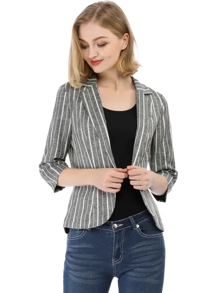 Allegra K- Casual Striped 3/4 Sleeves Open Front Notched Lapel Blazer