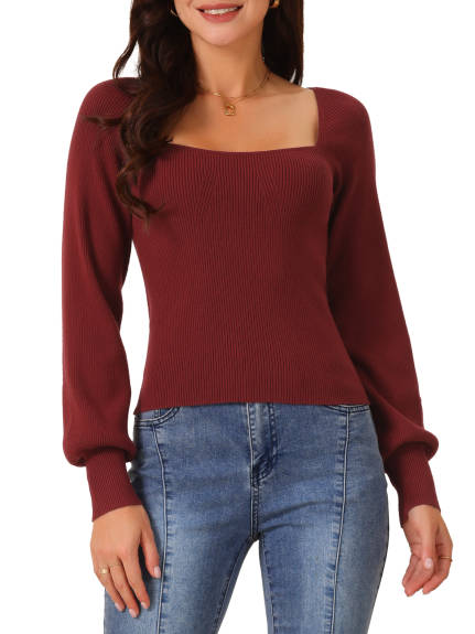 Allegra K- Bishop Sleeve Square Neck Ribbed Knit Crop Sweater Top