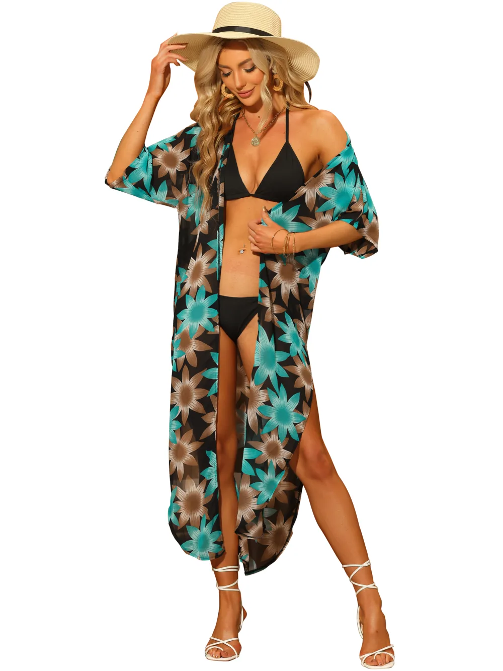 Allegra K- Swimsuit Cover Up Cardigan Flowy Long Boho Chiffon Kimono