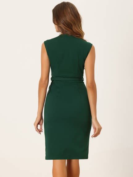 Allegra K- Sheath Sleeveless V Neck Belt Pencil Dress