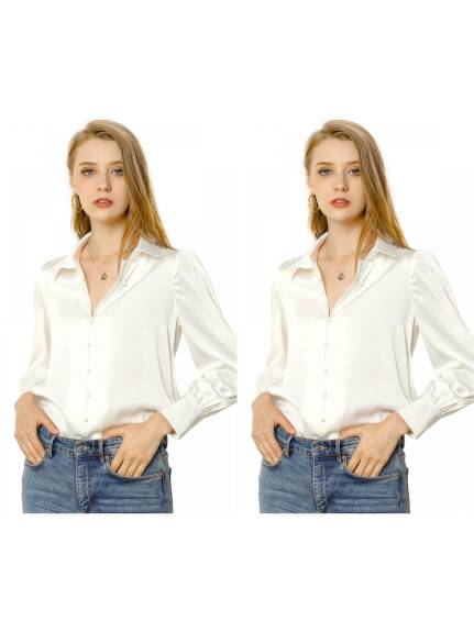 Allegra K- Satin Puff Sleeve Shirts Pack, White Combo 1