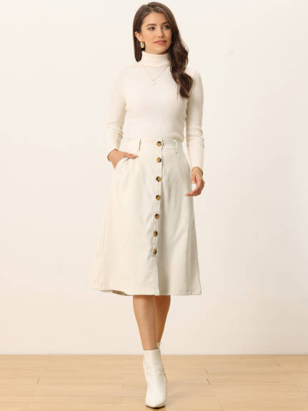 Allegra K - Button Front A-Line Belted Corduroy Skirt