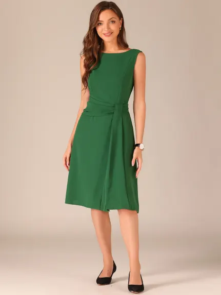 Allegra K - Tie Waist Boat Neck Sleeveless Midi Dress