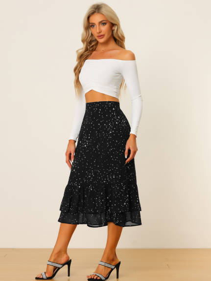 Allegra K- Zipper Printed Chiffon Ruffle Tiered Midi Skirt