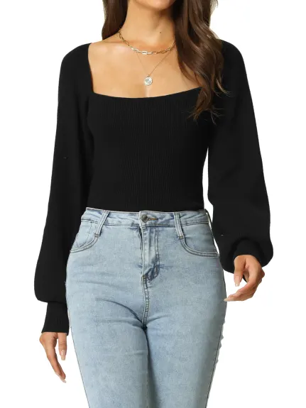 Allegra K- Bishop Sleeve Square Neck Ribbed Knit Crop Sweater Top